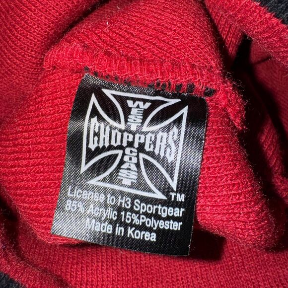 Vintage West Coast Choppers Hat Iron Cross Knit Jesse James Beanie Cap Red Biker - Picture 3 of 5